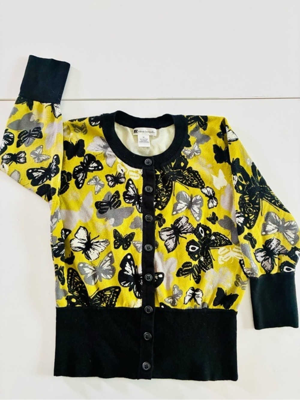 Valerie Bertinelli M Chartreuse BLK WH Butterfly Cotton Nylon Blend Cardigan EUC